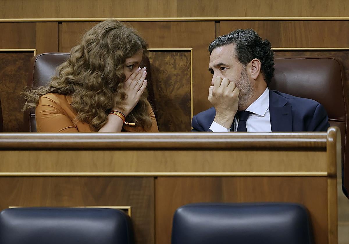 La portavoz del PP, Ester Muñoz conversa con el diputado de la formación, Guillermo Mariscal durante el Pleno del Congreso
