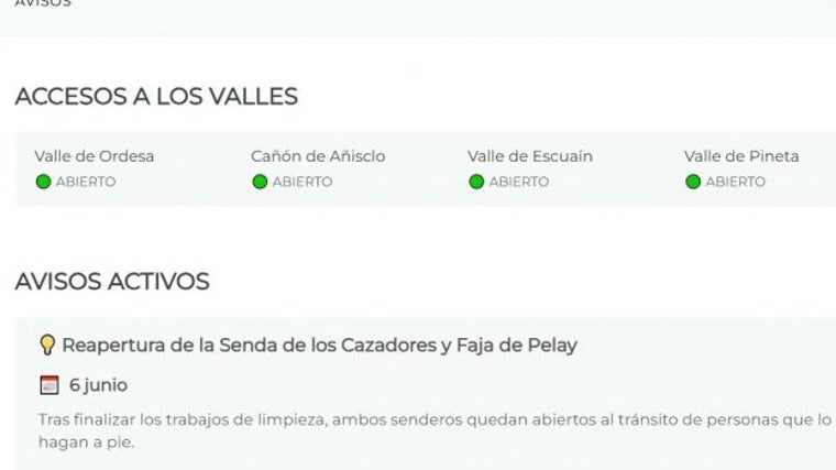 Página de los avisos, en los que se incluirá información sobre los accesos, para informar de cortes al tráfico rodado temporales cuando se supere el aforo.