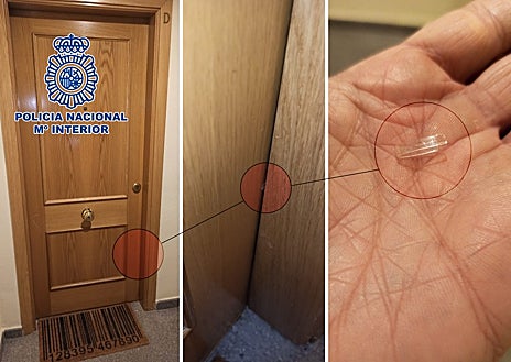 Imagen secundaria 1 - Parte de los útiles para robar y joyas incautados a los dos georgianos recientemente detenidos; en las fotos inferiores, una fina lámina de plástica colocada en el marco de la puerta para marcar una vivienda; y un individuo accede a una propiedad tras forzar la cerradura