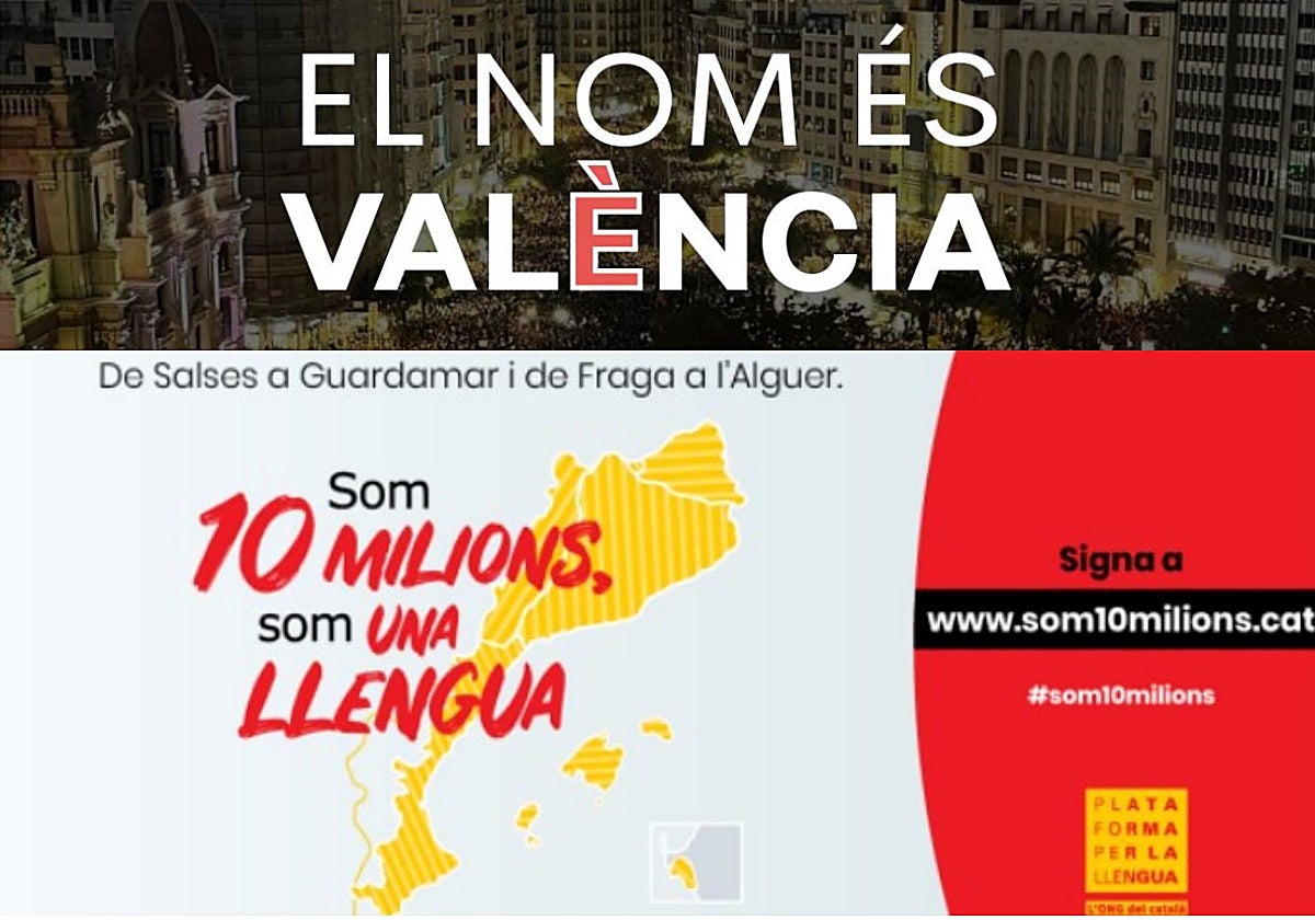Carteles de la 'ONG del catalán' en sus campañas contra la doble denominación València/Valencia y para reclamar la unidad de Cataluña, Comunidad Valenciana y Baleares
