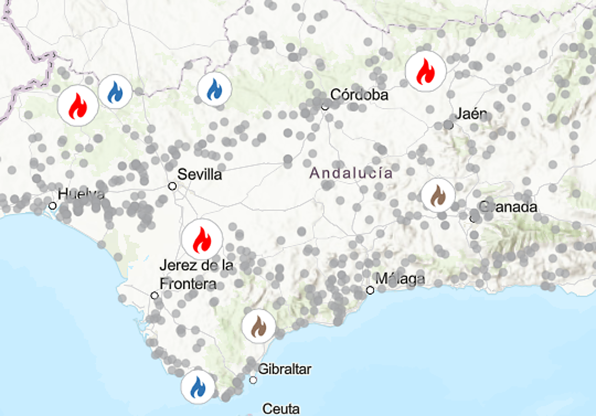 Mapa actual con los incendios activos en Andalucía