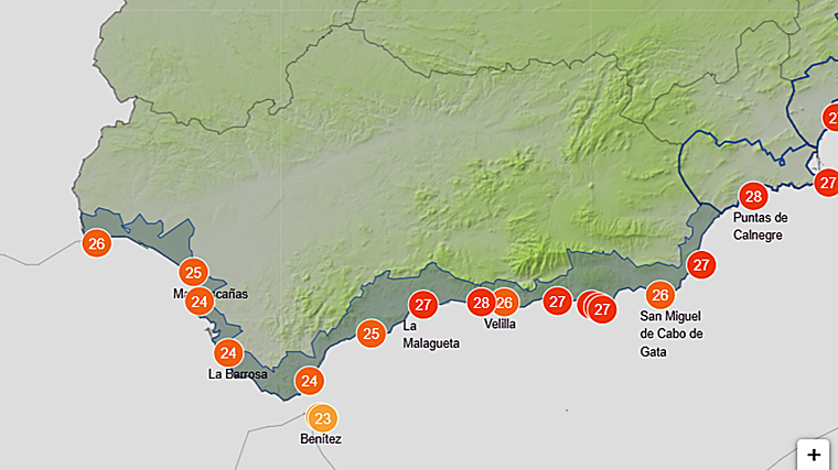 Predicción de Aemet relativa a la temperatura del agua en las playas de Andalucía