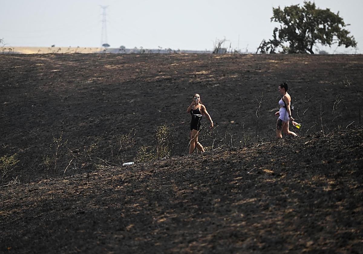 Dos mujeres andando entre los campos quemadas por el incendio de Tres Cantos