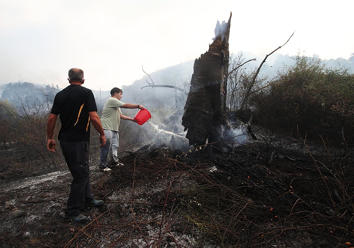 Dos vecinos intentan apagar las llamas en Molinaseca