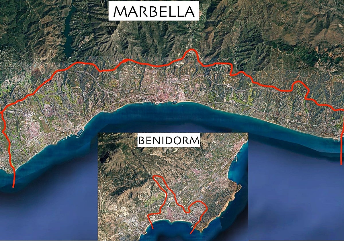 La superficie ocupada por el urbanismo en Marbella y Benidorm, en una comparación realizada por el geólogo Antonio Giraldo