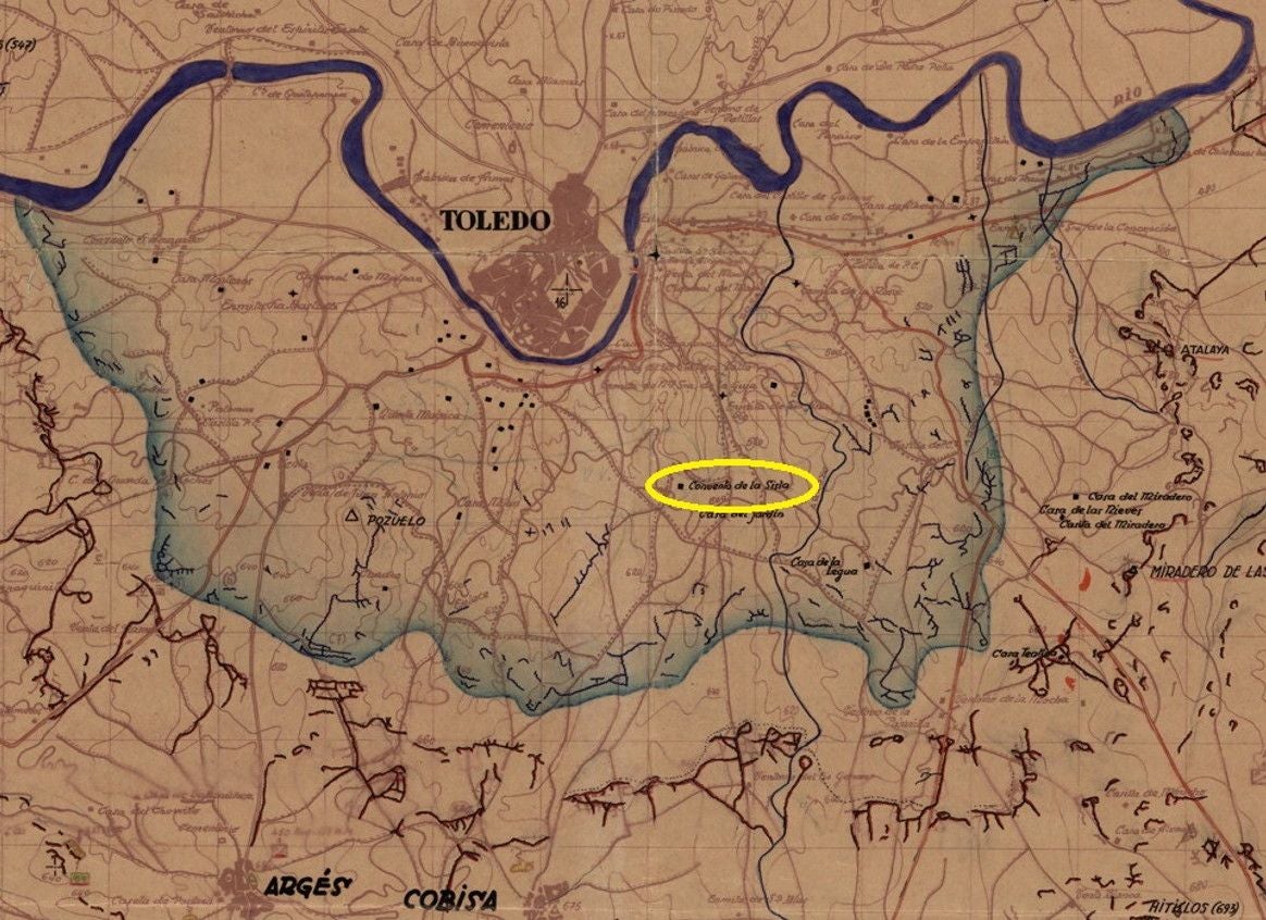 Mapa levantado por los servicios italianos del 'Corpo di Truppe Volontaire' (CTV) en marzo de 1939. Al sur del Tajo se indica el territorio asegurado por las fuerzas franquistas desde finales de 1937 y el perímetro de trincheras y posiciones de ambos bandos (Instituto Geográfico y Cartográfico de Cataluña). En el centro, Indicamos la ubicación del palacio de la Sisla