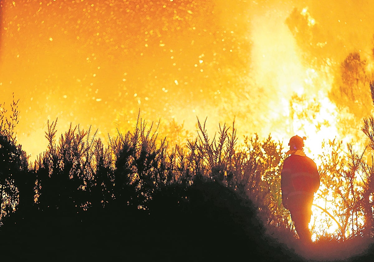 Un vecino ve el avance del fuego, a 25 de agosto de 2025, en A Pobra de Brollón, Lugo, Galicia