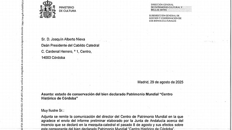 Extracto de la misiva del Minsiterio de Cultura al Cabildo Catedral