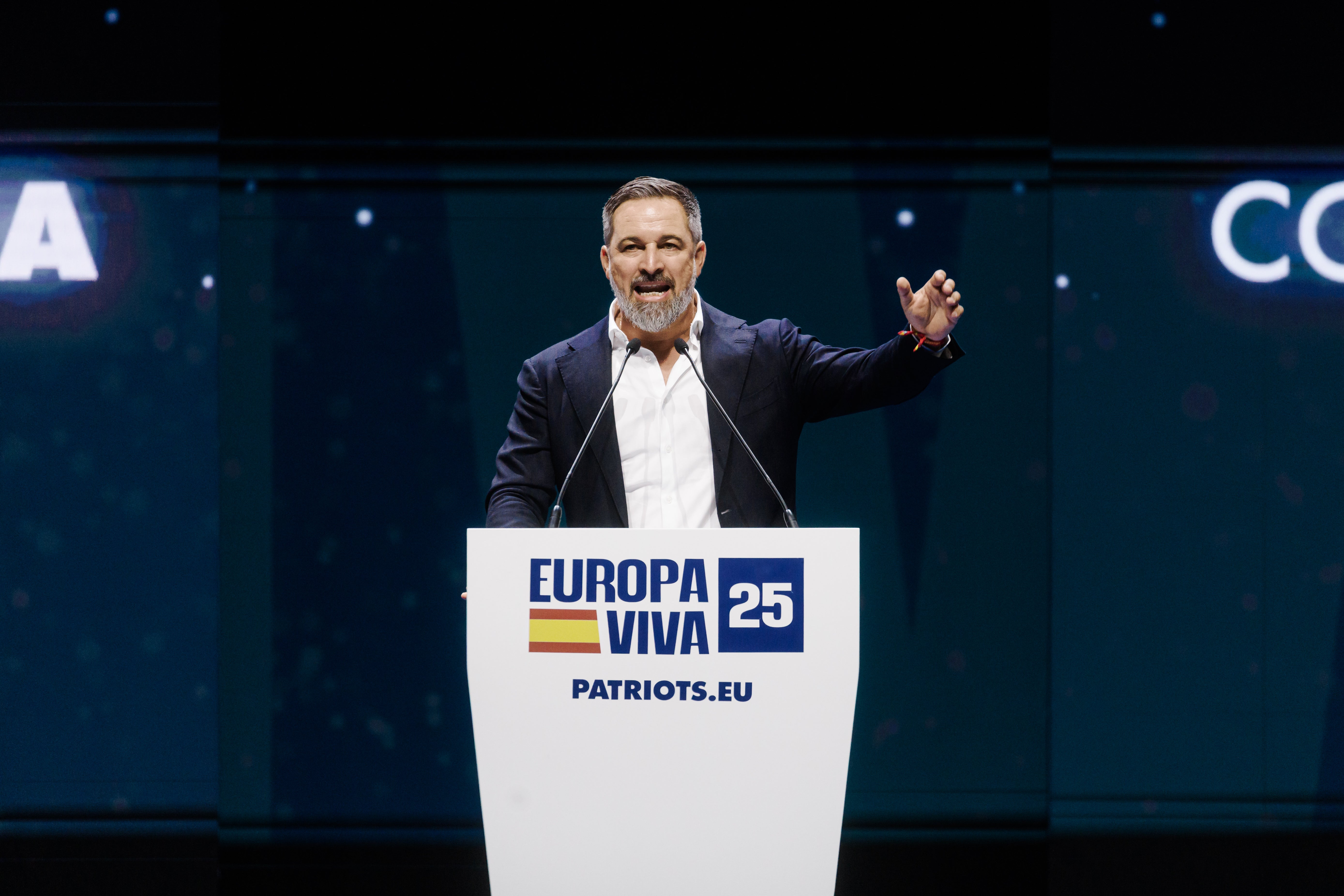 El líder de Vox, Santiago Abascal, durante su discurso en la cumbre de Patriots
