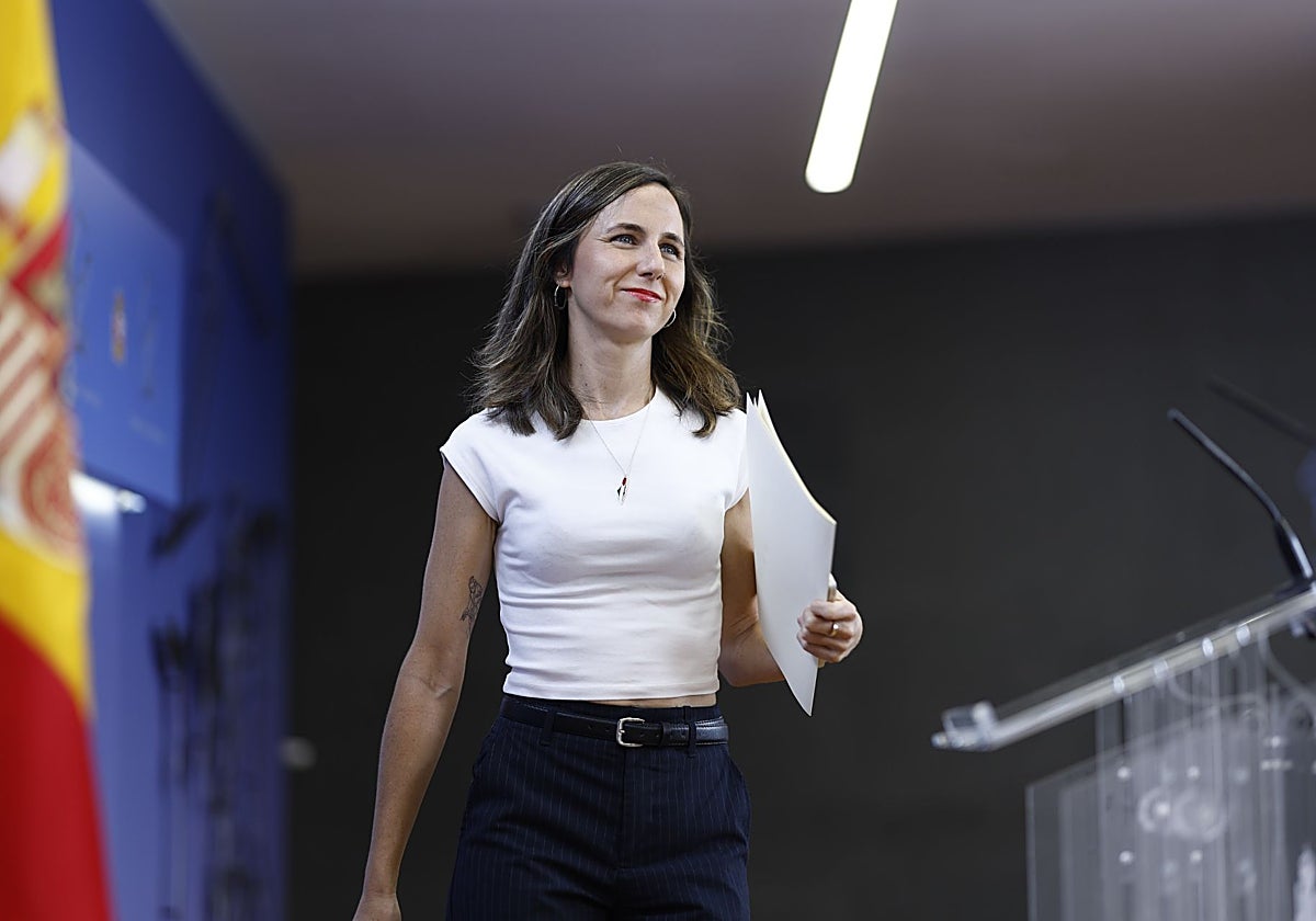 La secretaria general de Podemos, Ione Belarra, este martes, en rueda de prensa