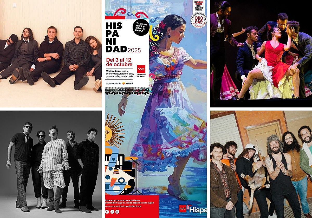 Niña Polaca, el Ballet Flamenco de Madrid, Babasónicos y Los Estanques y el Canijo de Jeréz (de izq a dcha y de arriba abajo) rodean al cartel de Hispanidad 2025
