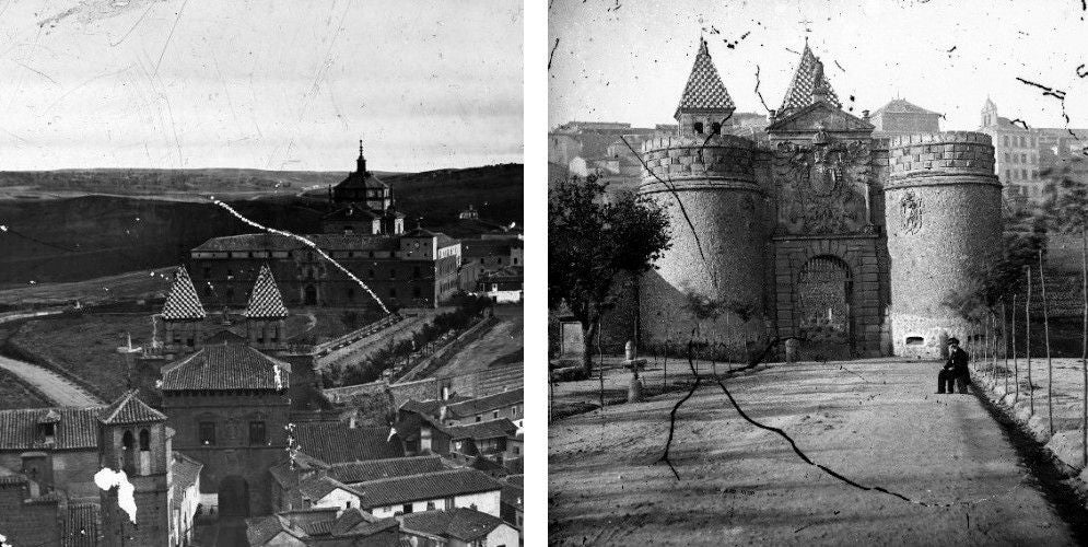 Fotografías de Alfonso Begue hacia 1864. A la izquierda, aparecen el paseo de Madrid, la explanada de Merchán con el pilón central y la salida de la carretera de Ávila con su antiguo trazado. A la derecha, aspecto del paseo de Madrid flanqueado con unos frágiles árboles. Archivo Municipal de Toledo