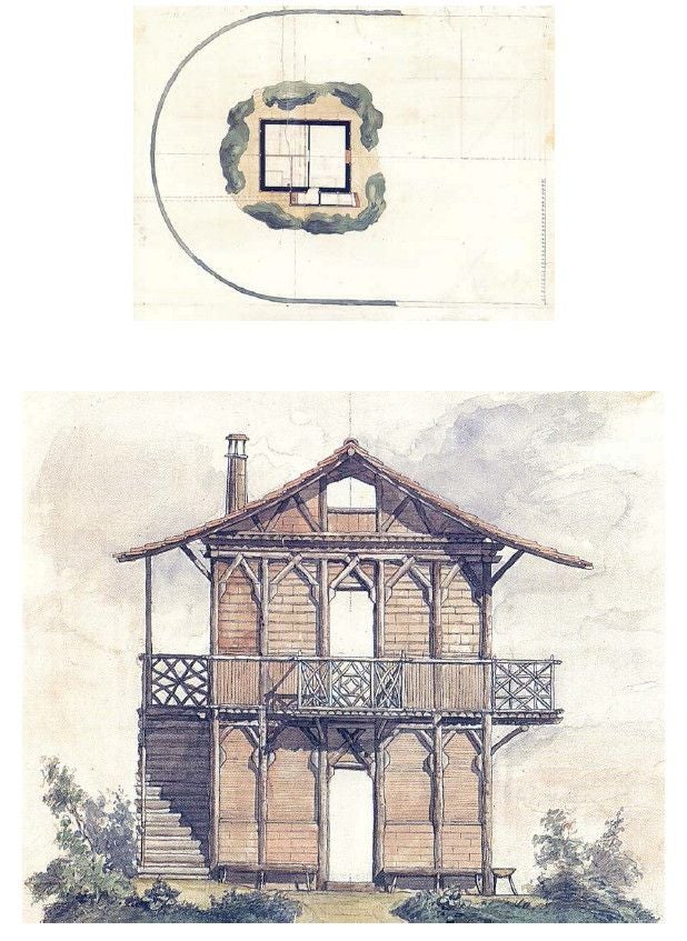 Planta y alzado de la 'casa rústica a la suiza' trazada por Ramiro Amador de los Ríos en 1879. En su construcción se emplearon maderas del derribo del antiguo Coliseo y piezas de corcho de los Montes de Toledo. Archivo Municipal de Toledo