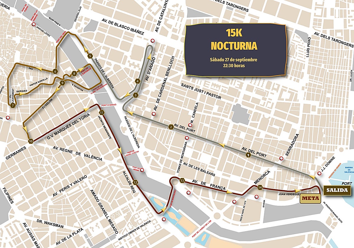 Plano del recorrido de la 15K nocturna de Valencia