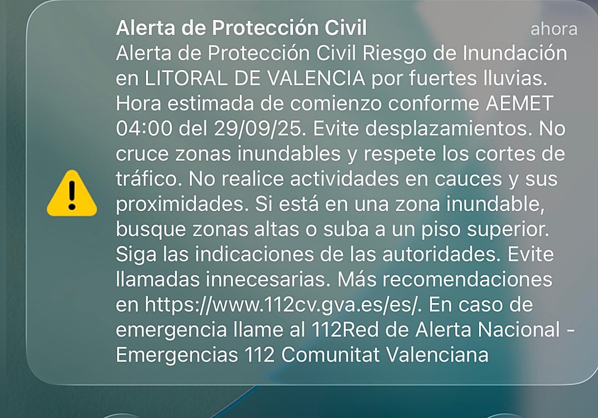 Imagen del ES-Alert recibido por la población de Valencia por el aviso rojo por lluvias