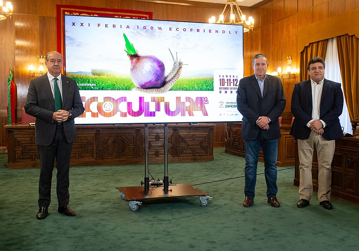 Presentación de la XXI Feria Hispanolusa de Productos Ecológicos. Intervienen el presidente de la Diputación de Zamora, Javier Faúndez, el director general de Caja Rural, Cipriano García, y el diputado provincial de Agricultura y Ganadería, José Ángel Ruiz.