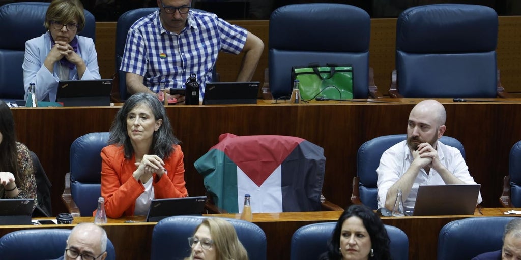 Bronca en la Asamblea al negarse Más Madrid a retirar una bandera de Palestina de un escaño