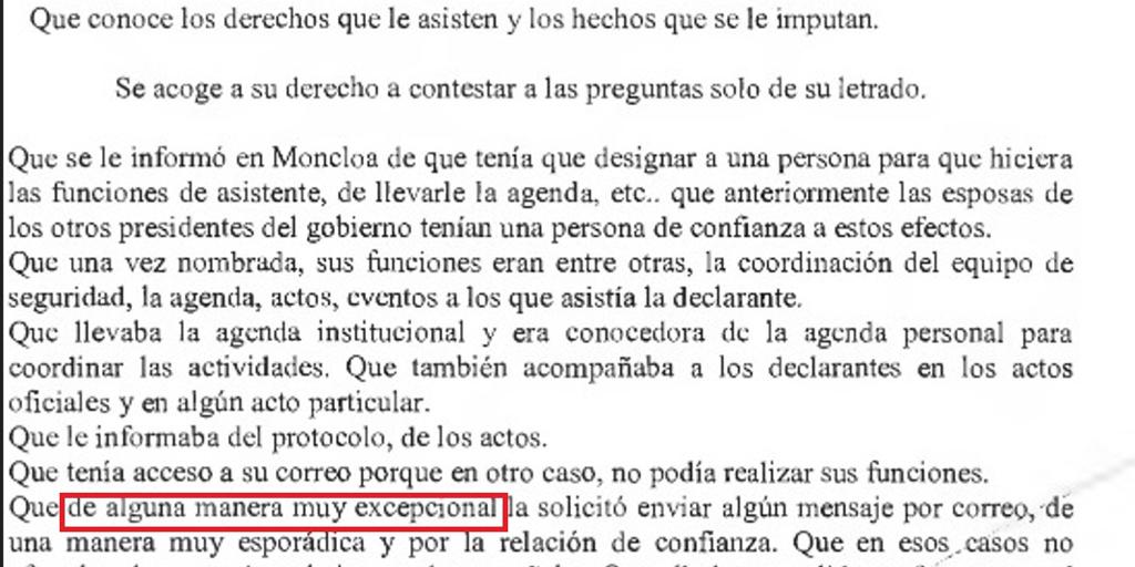 Begoña Gómez declaró ante Peinado que pidió de forma «muy esporádica» a su asistente enviar mails de su trabajo personal
