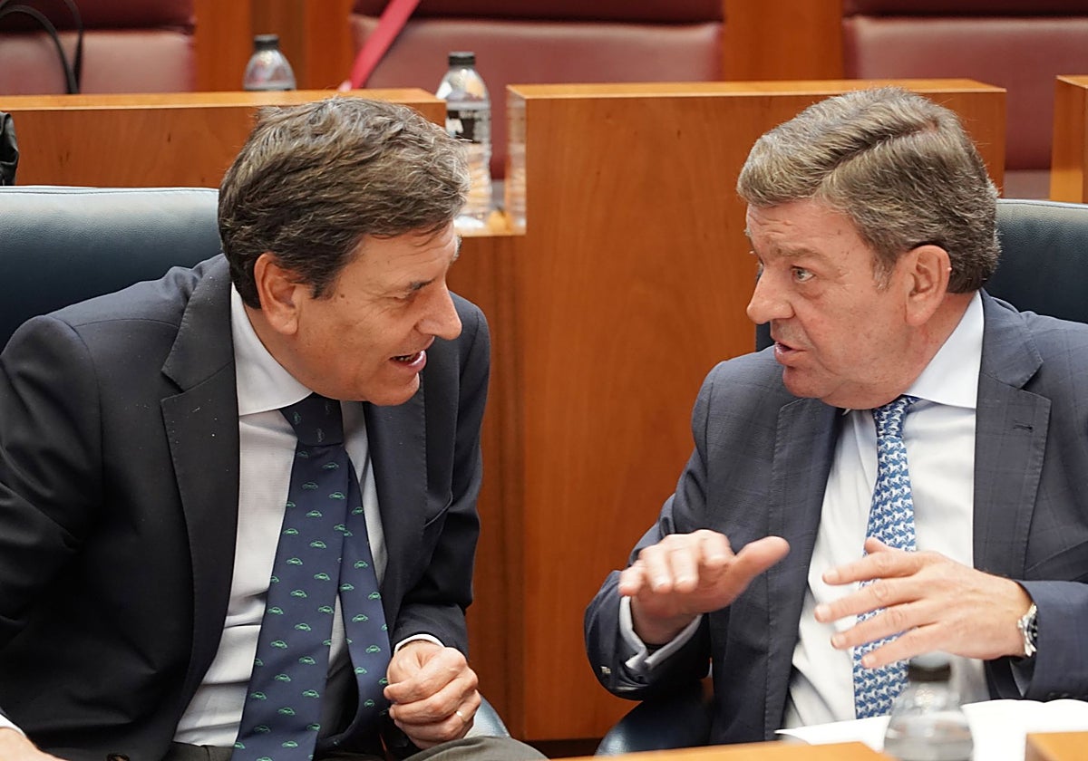 El consejero de la Presidencia, Luis Miguel González Gago (d), charla con el consejero de Economía y Hacienda, Carlos Fernández Carriedo (i), antes del inicio del pleno de las Cortes