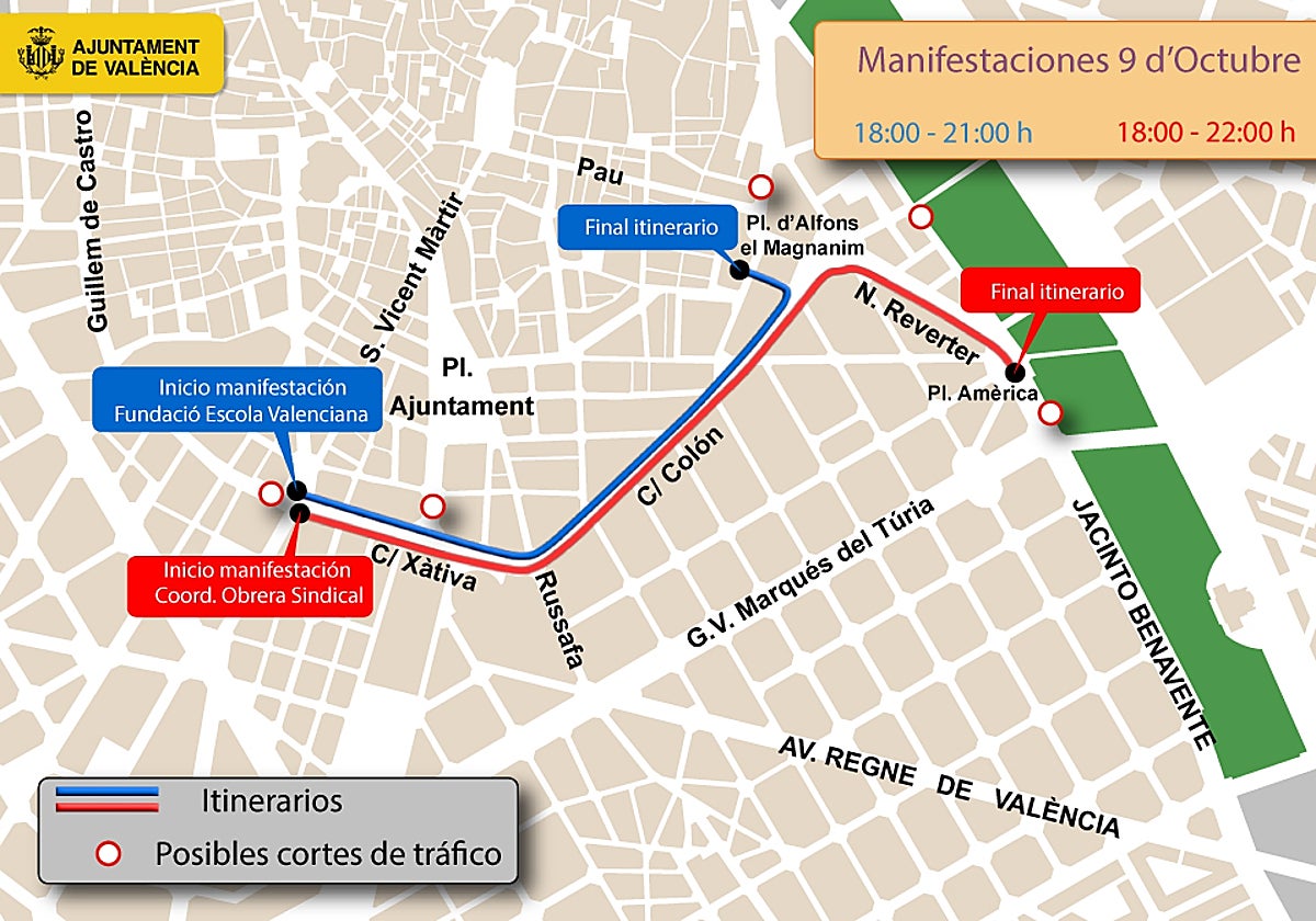 Recorrido de las manifestaciones previstas por el 9 de octubre en Valencia