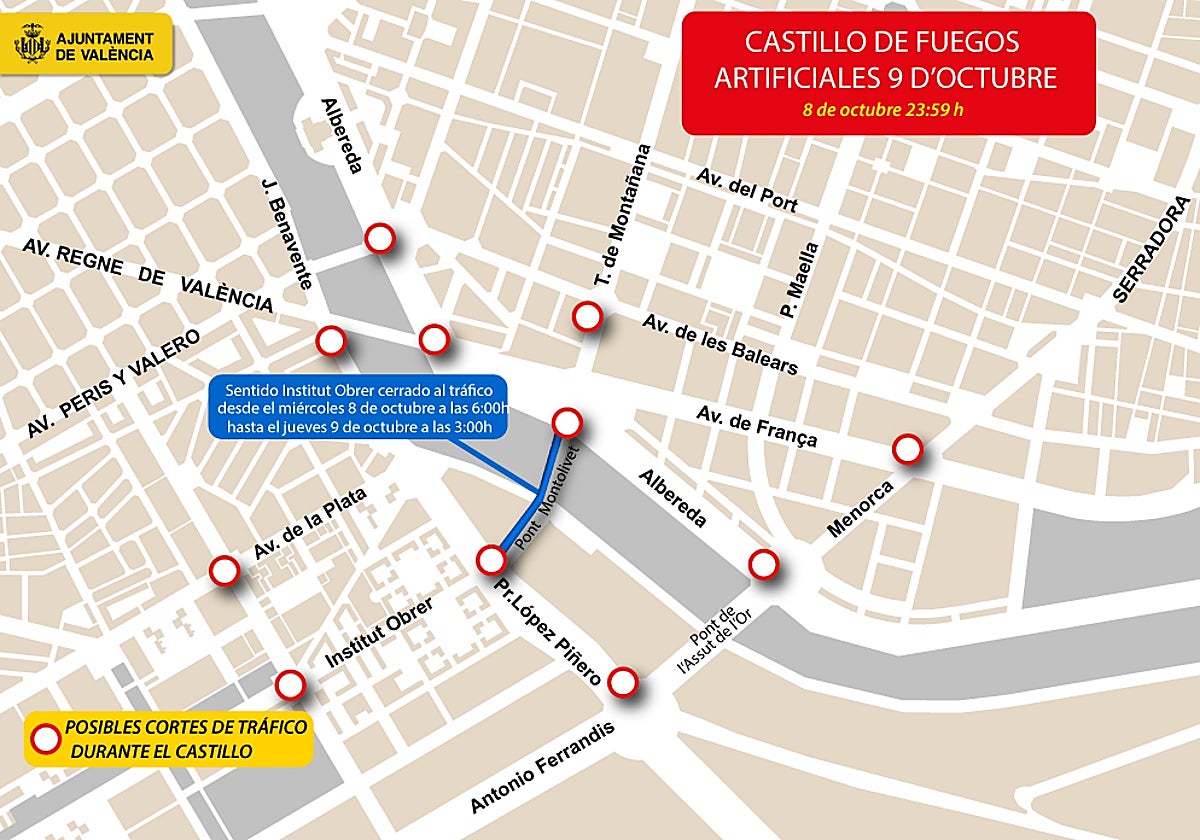 Imagen de los cortes de tráfico previstos por el castillo de fuegos artificiales en Valencia por el 9 d'Octubre
