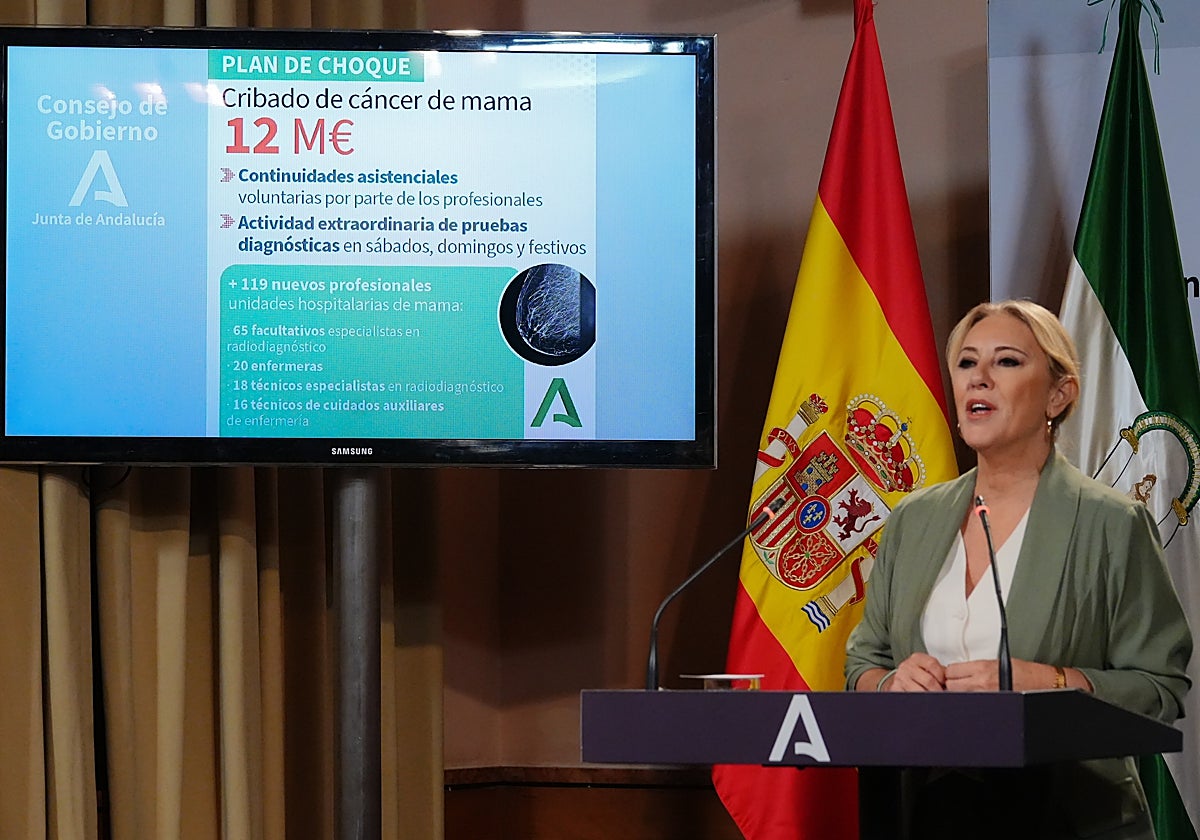 La portavoz del Gobierno andaluz, Carolina España, durante la explicación del plan, este miércoles