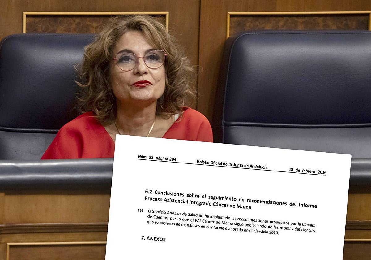 La vicepresidenta primera y ministra de Hacienda, María Jesús Montero en el Congreso junto al informe de la Cámara de Cuentas que alertaba de las deficiencias