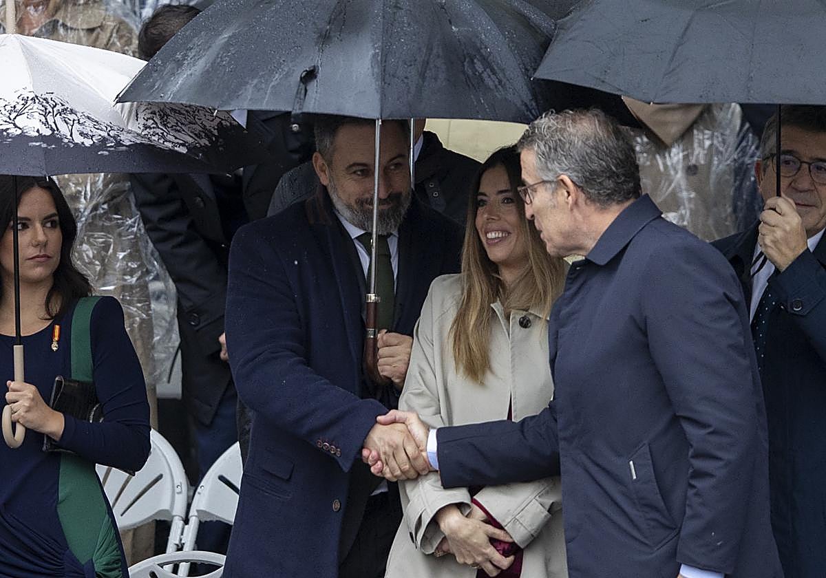 Santiago Abascal y Feijóo se saludan en el desfile de 2024.