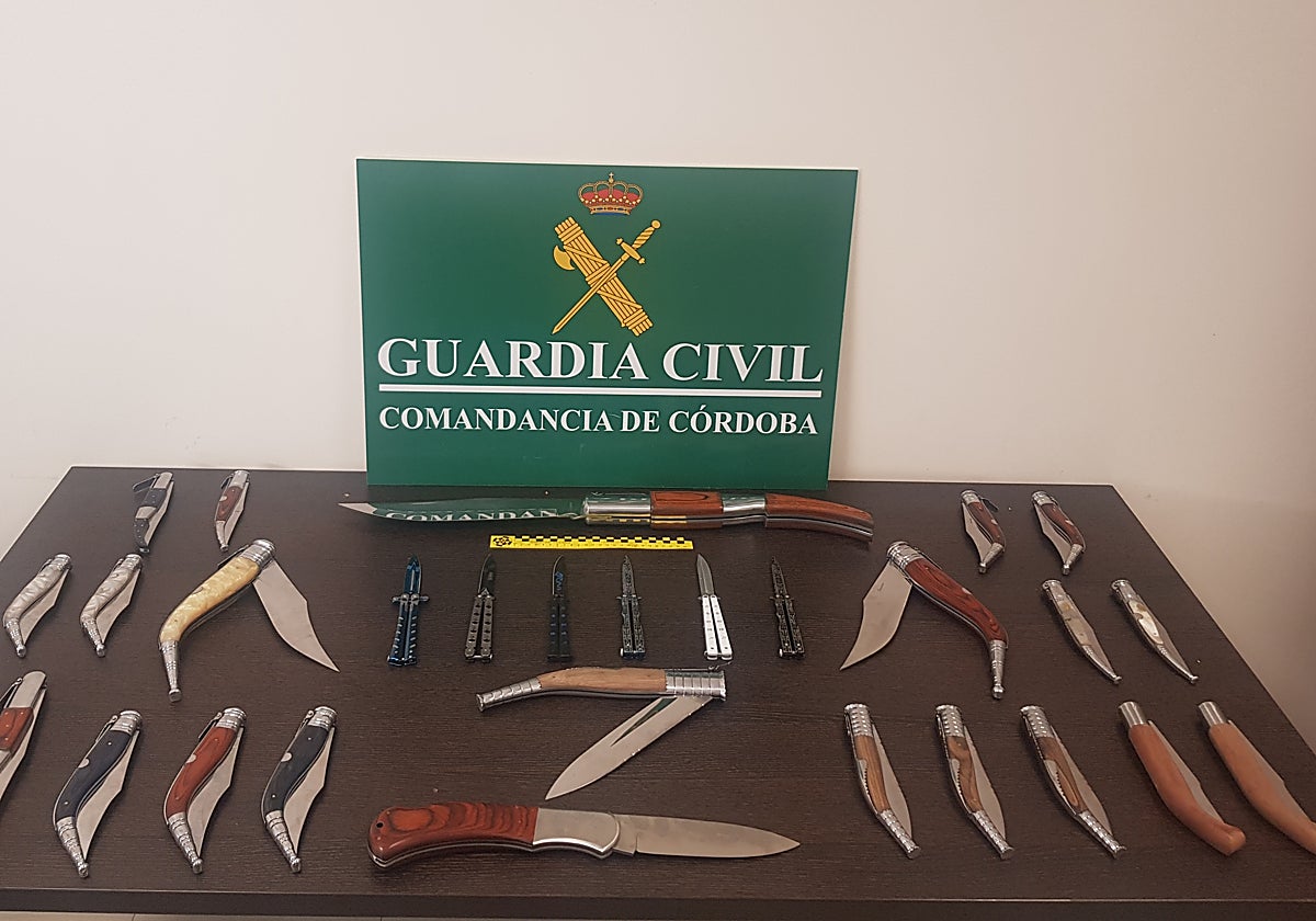 Las armas requisadas por la Guardia Civil en un puesto ambulante de Baena