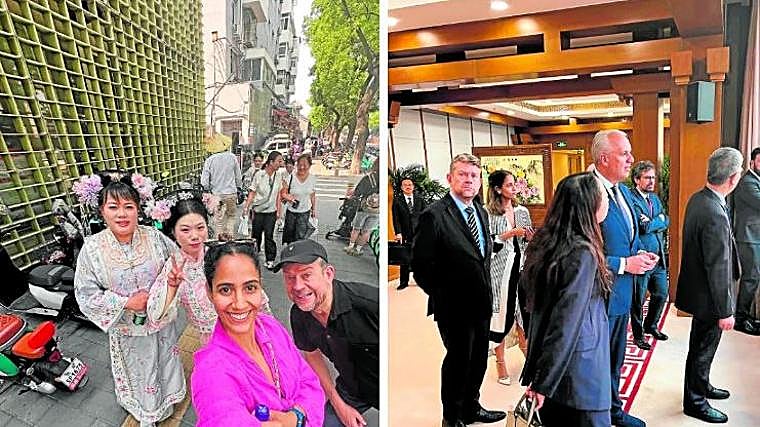 La diputada de Sumar, Tesh Sidi, en un momento del viaje; a la derecha, los diputados Francesc-Marc Álvaro Vidal (ERC), Sidi (Sumar), Juan Carlos Ruiz Boix, Vicente Montávez (ambos del PSOE) y Jon Iñarritu (Bildu)