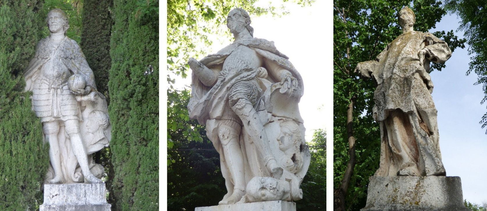 En 1787 llegaron a Toledo ocho esculturas del Palacio Real de Madrid. En 2025, después de varios cambios, en el paseo de Merchán se encuentran (de izquierda a derecha) las de Alfonso VII, Alfonso VIII y Wamba. Fotos Rafael del Cerro