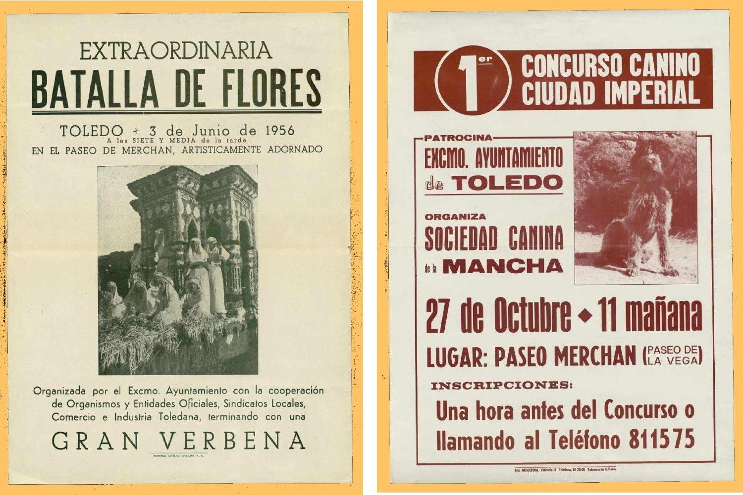 Anuncios de dos convocatorias en el paseo de Merchán ajenas a la feria de agosto. A la izquierda, 'Batalla de flores' fechada el 3 de junio de 1956. A la derecha, el 'Primer Concurso Canino Ciudad Imperial' que se celebró el 27 de octubre de 1988