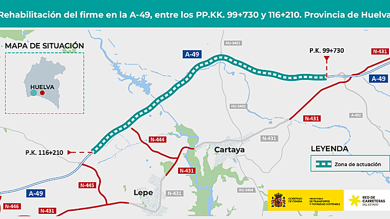 El Gobierno licita por 12,3 millones la rehabilitación del firme de la A-49 entre Cartaya y Lepe