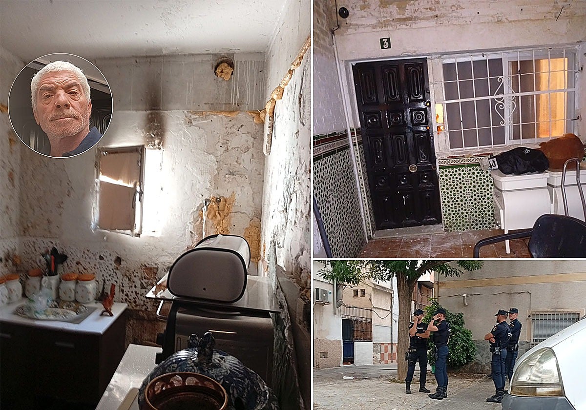 A la izquierda, estado de abandono de la cocina de la casa de Gaspar Muñoz (en la imagen), donde fue arrancado el alicatado. A la derecha, patio de la vivienda en Granada. Abajo, policías en el desalojo del inmueble este mes de octubre