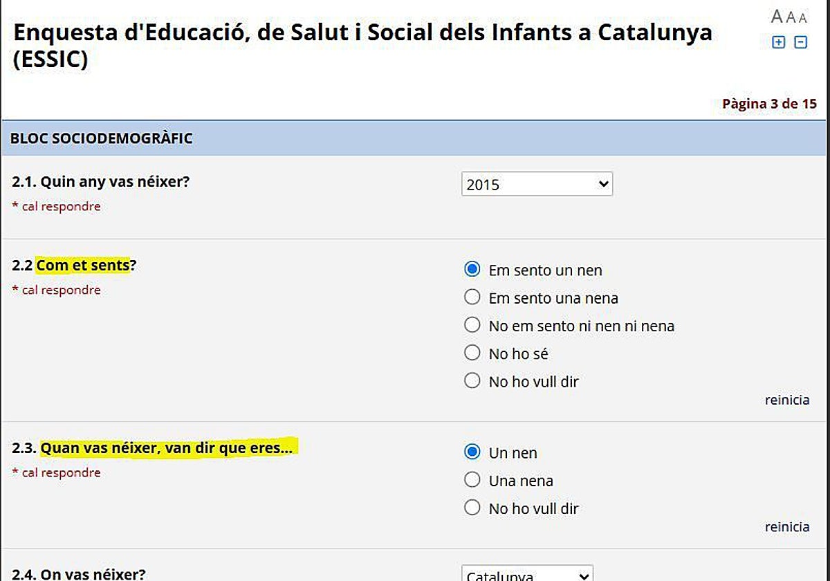 Página de la encuesta de la Generalitat en la que se pregunta a los alumnos sobre su género