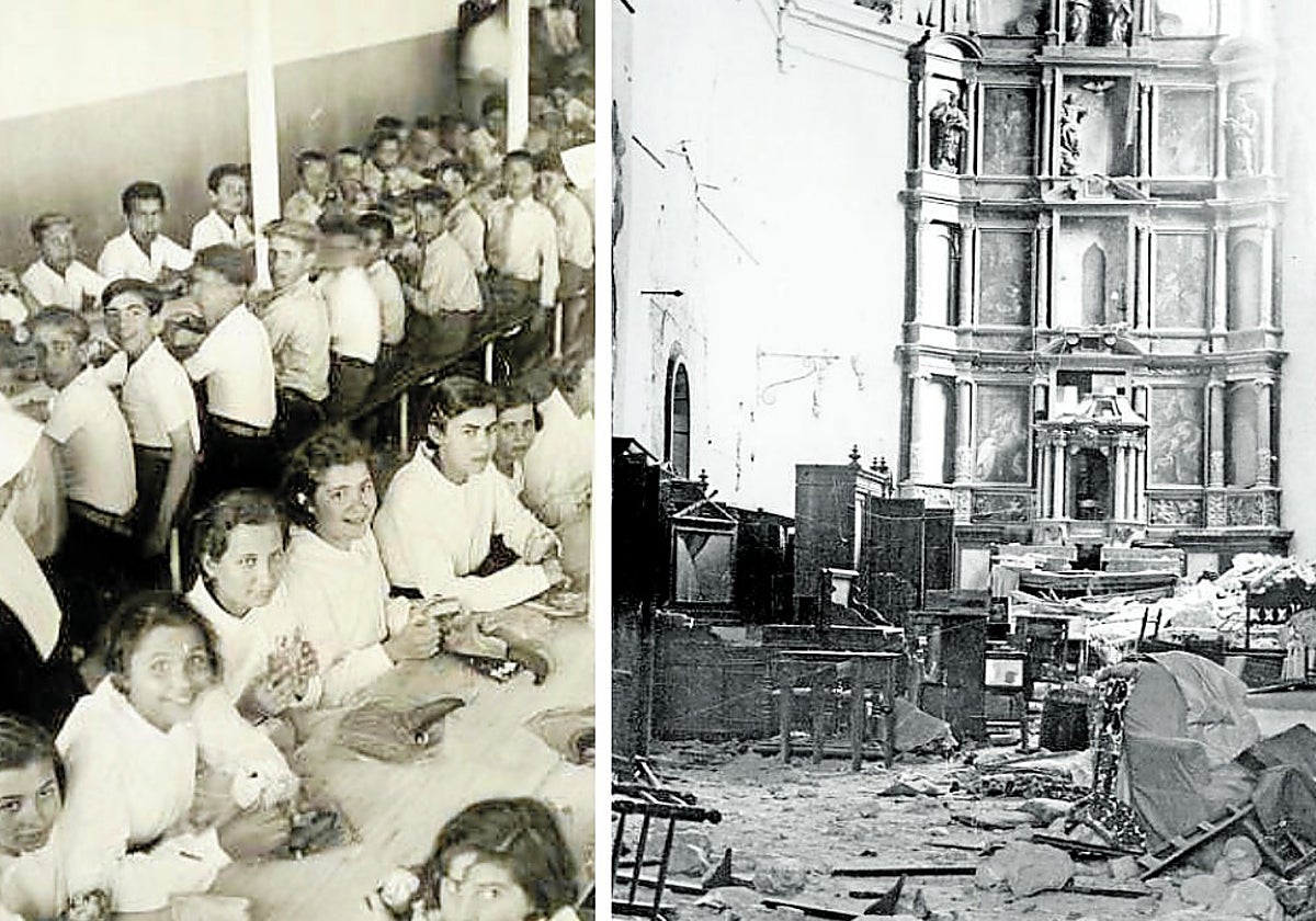 Foto histórica en Tarragona, en julio de 1936. Es una merienda extraordinaria de los niños de asistencia social a cargo de religiosas. Al lado, una iglesia de Barcelona arrasada durante la Guerra Civil