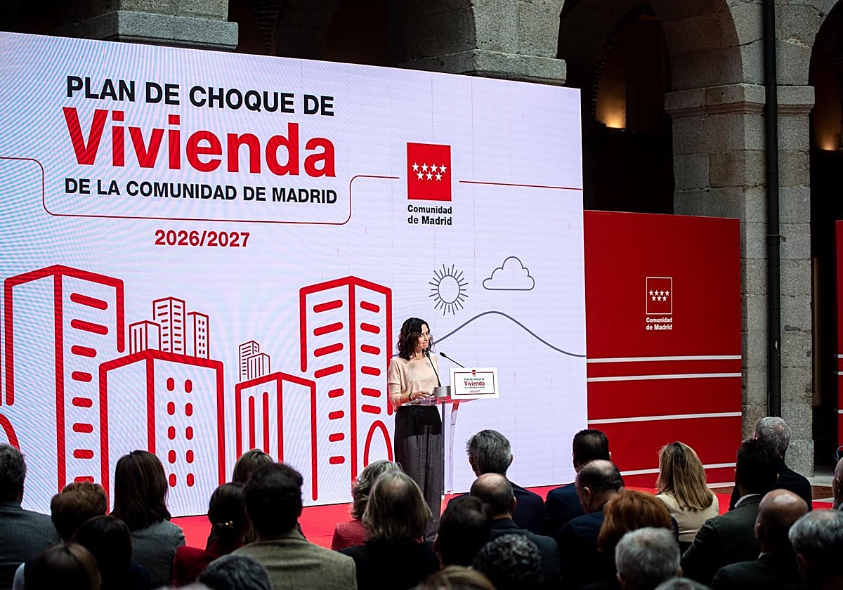 Isabel Díaz Ayuso, durante la presentación del plan de choque de vivienda para los años 2026 y 2027