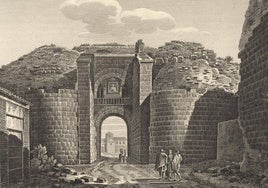 La puerta de Mérida se hallaba en el recinto islámico de Talavera (s. IX). Fue desmontada en 1881 y sus materiales se aprovecharon para levantar precisamente el gran cementerio general de la ciudad. Grabado de Alexandre Laborde publicado en 'Voyage pittoresque et historique de l´Espagne' (1806-1829)