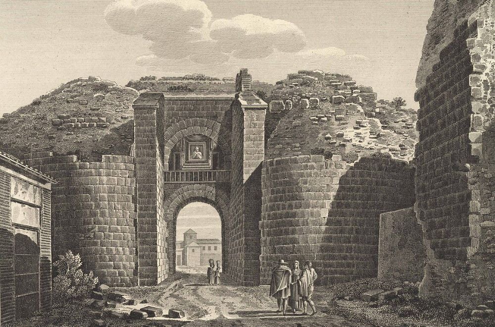 La puerta de Mérida se hallaba en el recinto islámico de Talavera (s. IX). Fue desmontada en 1881 y sus materiales se aprovecharon para levantar precisamente el gran cementerio general de la ciudad. Grabado de Alexandre Laborde publicado en 'Voyage pittoresque et historique de l´Espagne' (1806-1829)'