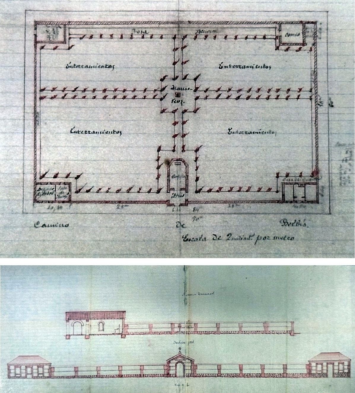 En la segunda mitad del siglo XIX surgieron nuevos cementerios en la provincia. Varios los proyectó el arquitecto de la Diputación, Ezequiel Martin. Uno de ellos fue el de Las Herencias, en 1890, en el camino de Belvís. En el ángulo superior izquierdo se ubicaba un espacio para los “disidentes” con entrada independiente. Los tres rincones siguientes acogían un osario, el depósito de cadáveres y la vivienda del guarda. La capilla se situaba en la entrada al camposanto. Archivo de la Diputación de Toledo