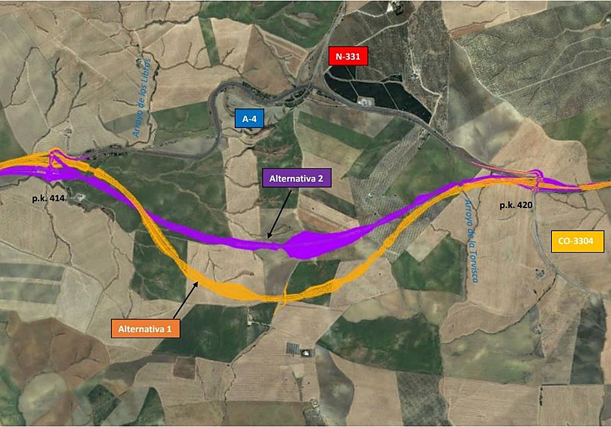 En amarillo, la alternativa 1 elegida como variante en la Cuesta del Espino