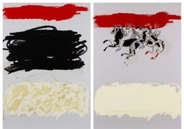 Devastación. Tintas gráficas y barniz sobre plancha de aluminio intervenida. 510x400 mm. Fernando Silva. 2025.  Saqueo II. Tintas gráficas y barniz sobre plancha de aluminio intervenida. 510x400 mm. Fernando Silva. 2025