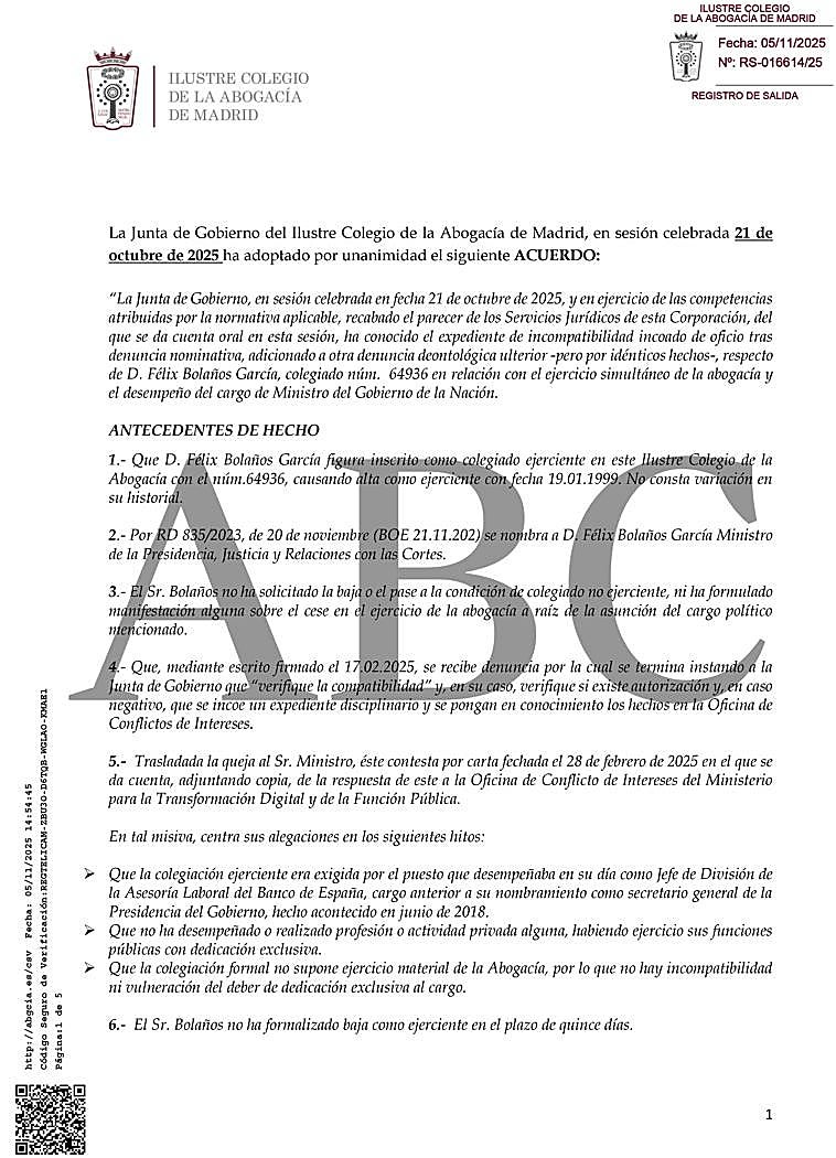 Bolaños incumplió la ley al no darse de baja como abogado en ejercicio tras acceder al Gobierno