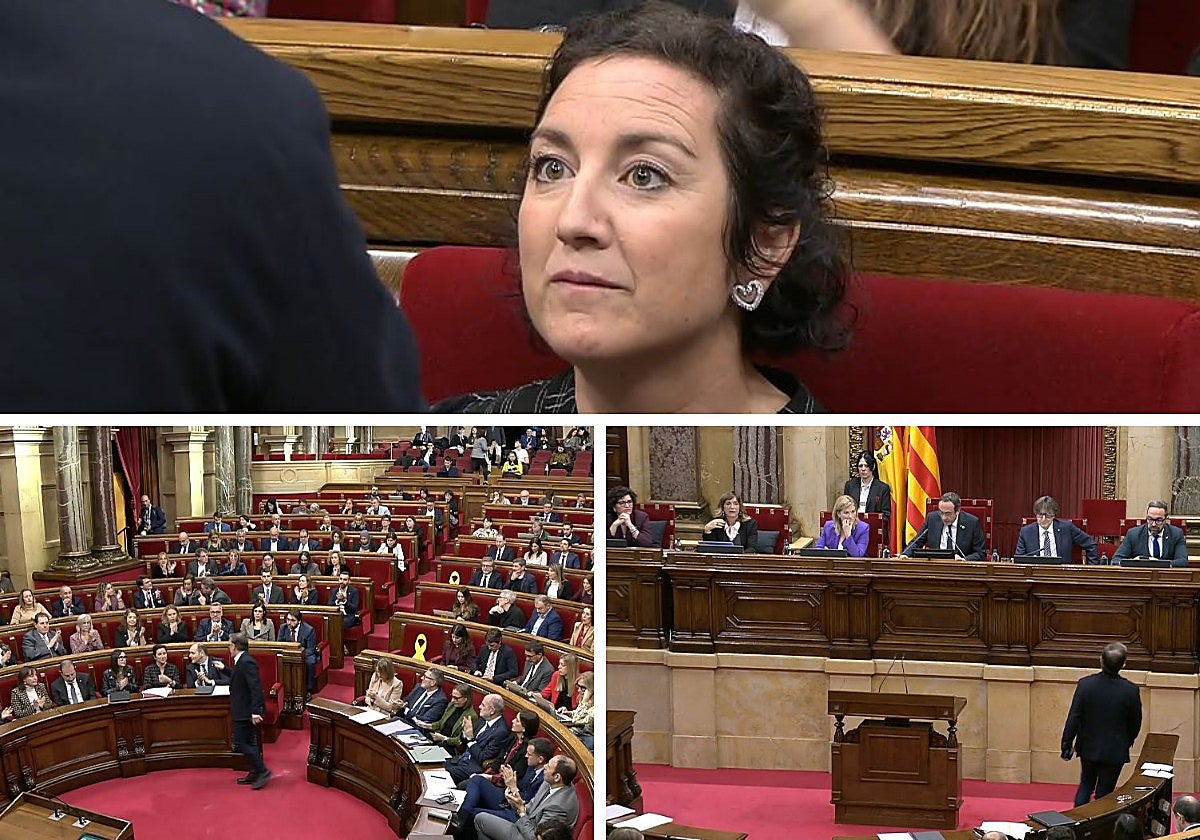 Alícia Romero, escuchando la bronca de Josep Maria Jové, en la imagen superior; en la de la izquierda, el portavoz de ERC se dirige a la consejera y en la captura de vídeo de la derecha, Jové, tras mostrar su enfado, sale del hemiciclo