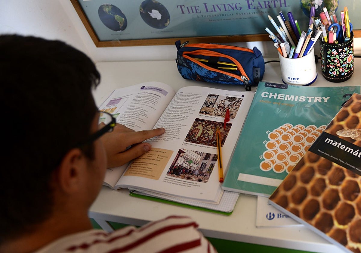 Un estudiante consulta los libros de texto en una imagen de archivo