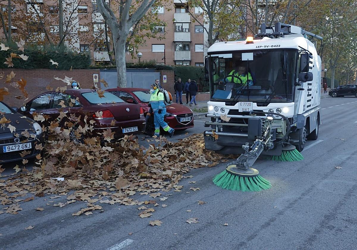 Imagen de una barredora realizando trabajos de recogida de la hoja