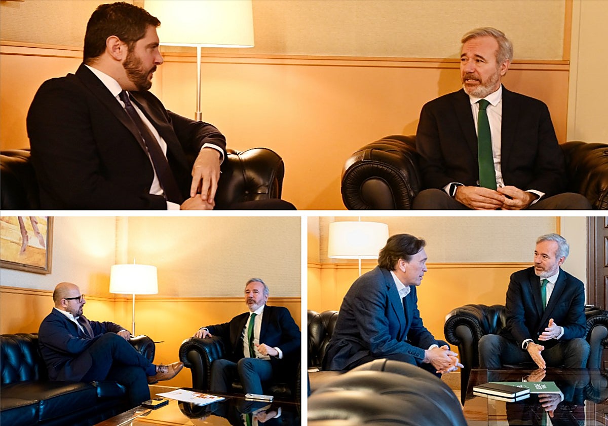 El portavoz de Vox, Alejandro Nolasco, asiste a la ronda de consultas planteada por Jorge Azcón, en el edificio Pignatelli, sede del Gobierno aragonés. Abajo, con el líder del PAR y con el portavoz de Teruel Existe