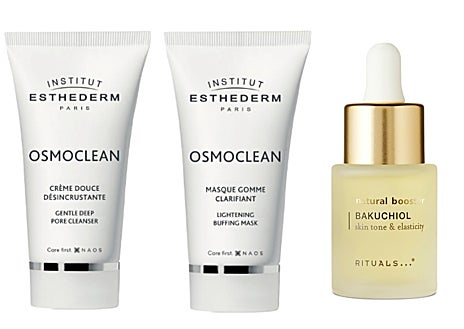 Imagen secundaria 1 - Tras el verano la piel necesita limpieza profunda y exfoliación, así como activos reparadores e hidratantes. Algunos de los productos recomendados: Dúo Osmoclean de Institut Esthederm para limpiar en profundidad la piel, formado por la Crema desincrustante suave (29,80 €) y la Mascarilla exfoliante clarificante (33 €); Booster con ingredientes de origen natural antioxidante y anti-inflamatorio Bakuchiol Natural Booster de Rituals (19,90 €);Sérum multivitamínico RetivitC Serum de MG Collection (120 €, en seleccioncosmetica.com). 