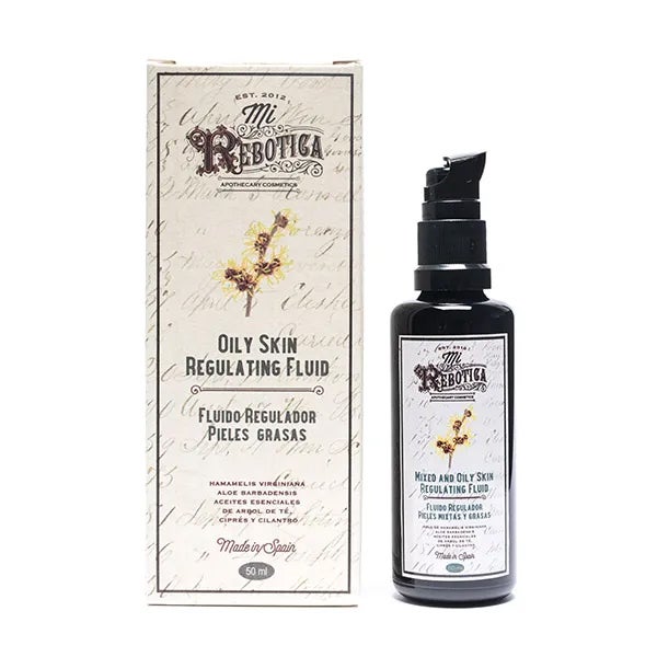 Fluido Regulador de Mi Rebotica (21,95 €). Fluido hidratante para pieles mixtas y grasas, formulado con aceites naturales reguladores no comedogénicos, como agua floral de hamamelis, aceite de árbol de té, cilantro o ciprés. De textura ultraligera, absorción inmediata y efecto matificante.