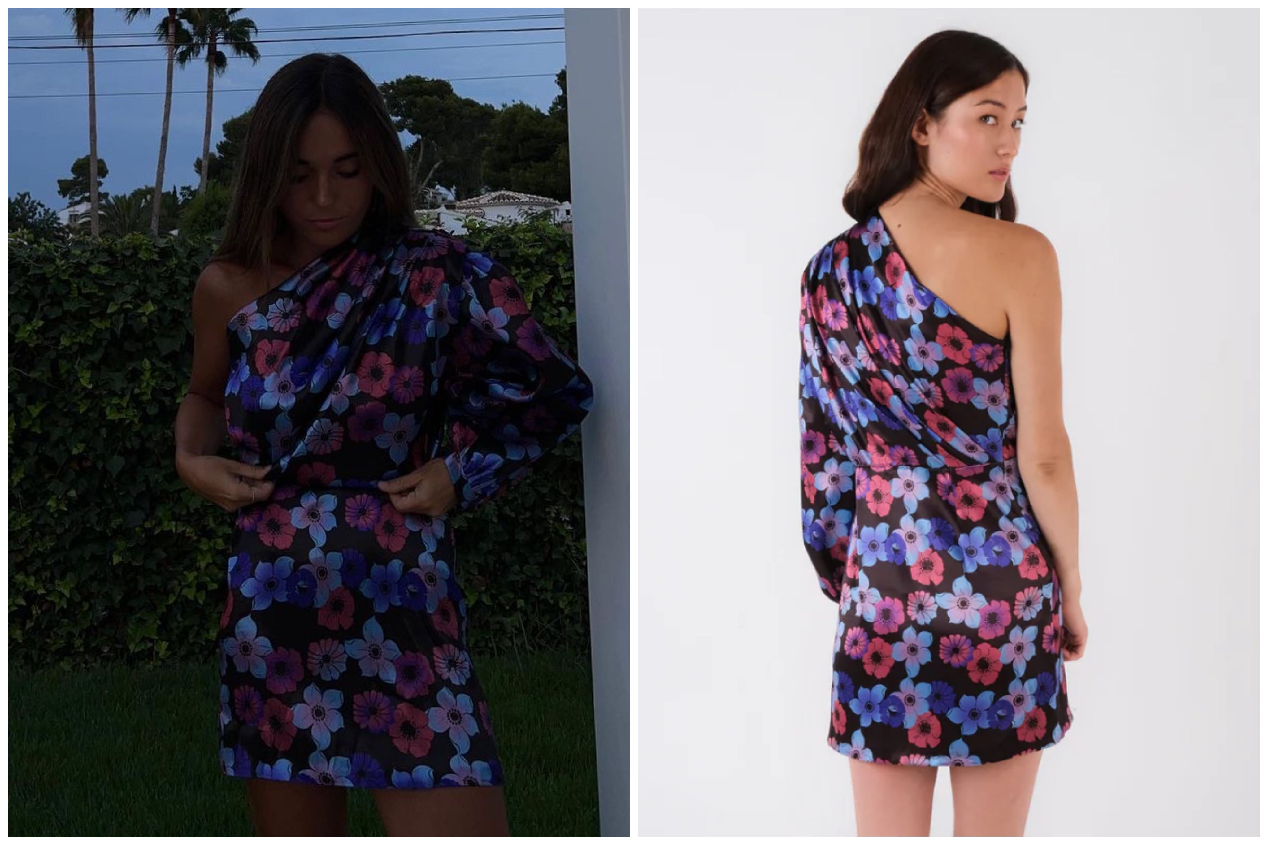 La empresaria Inés Arroyo con uno de sus propios diseños para Laagam. Se trata de un vestido corto asimétrico con estampado floral disponible por 79 euros on-demand o 90 si se trata de envío rápido.